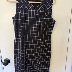 41 Hawthorn navy blue and white windowpane or grid pattern sheath dress